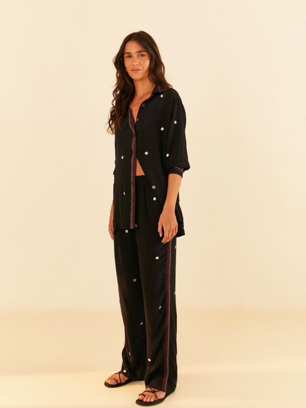 Farm Rio Embroidered Black Mirror Set (Blouse & Pants)